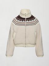Fairisle Sherpa Jacket in natural cream sherpa with full zip closure, ribbed hem, and Fairisle knit yoke.