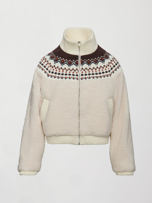 Fairisle Sherpa Jacket in natural cream sherpa with full zip closure, ribbed hem, and Fairisle knit yoke.