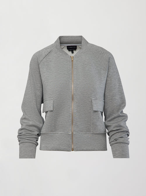 Ultrasoft Bomber Jacket in heather grey with gold zip closure and front flap pockets, product shot on white background, front view.