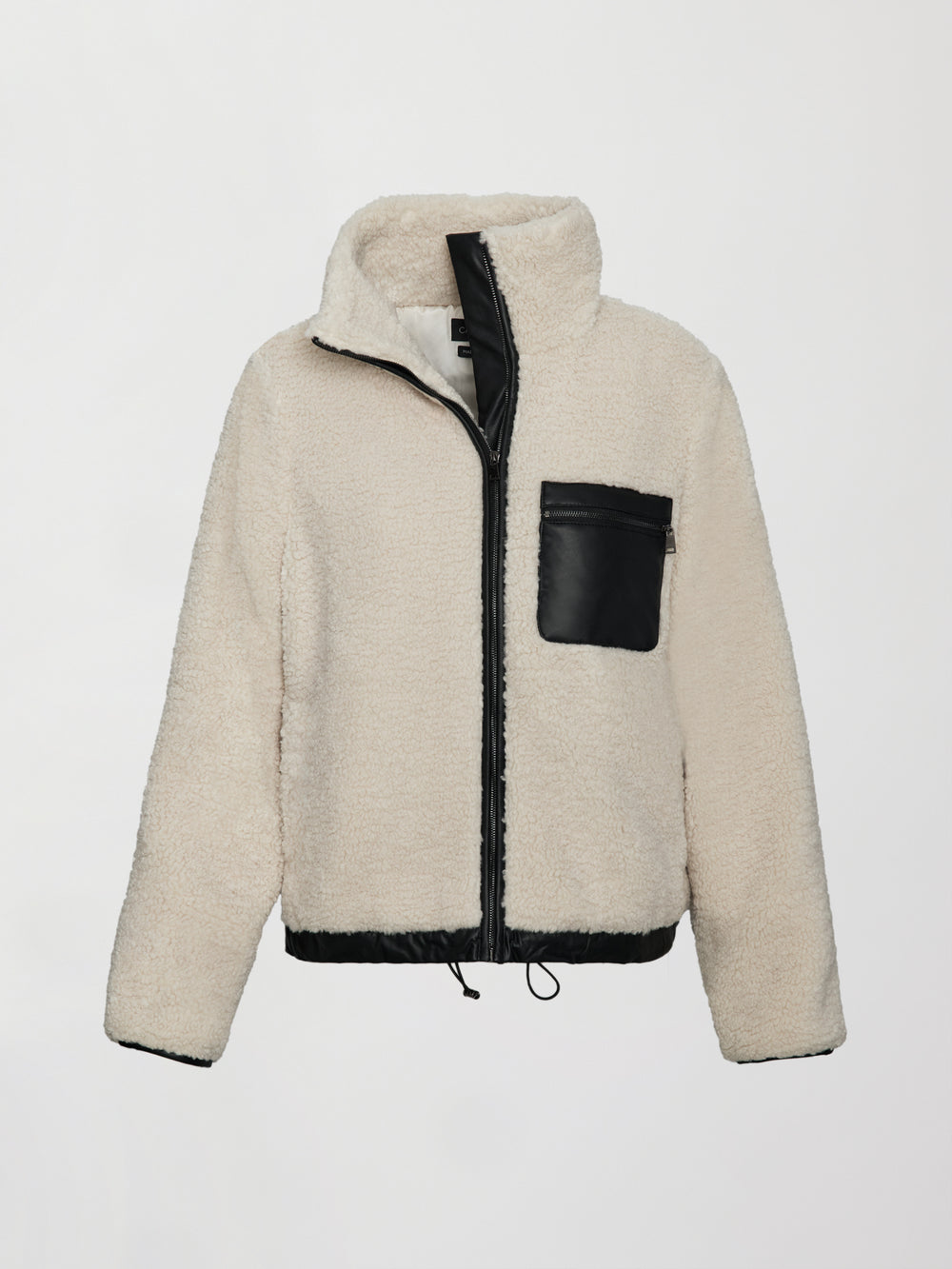 Faux Leather Sherpa Jacket in natural sherpa with black faux leather pocket and trim, product shot on white background.