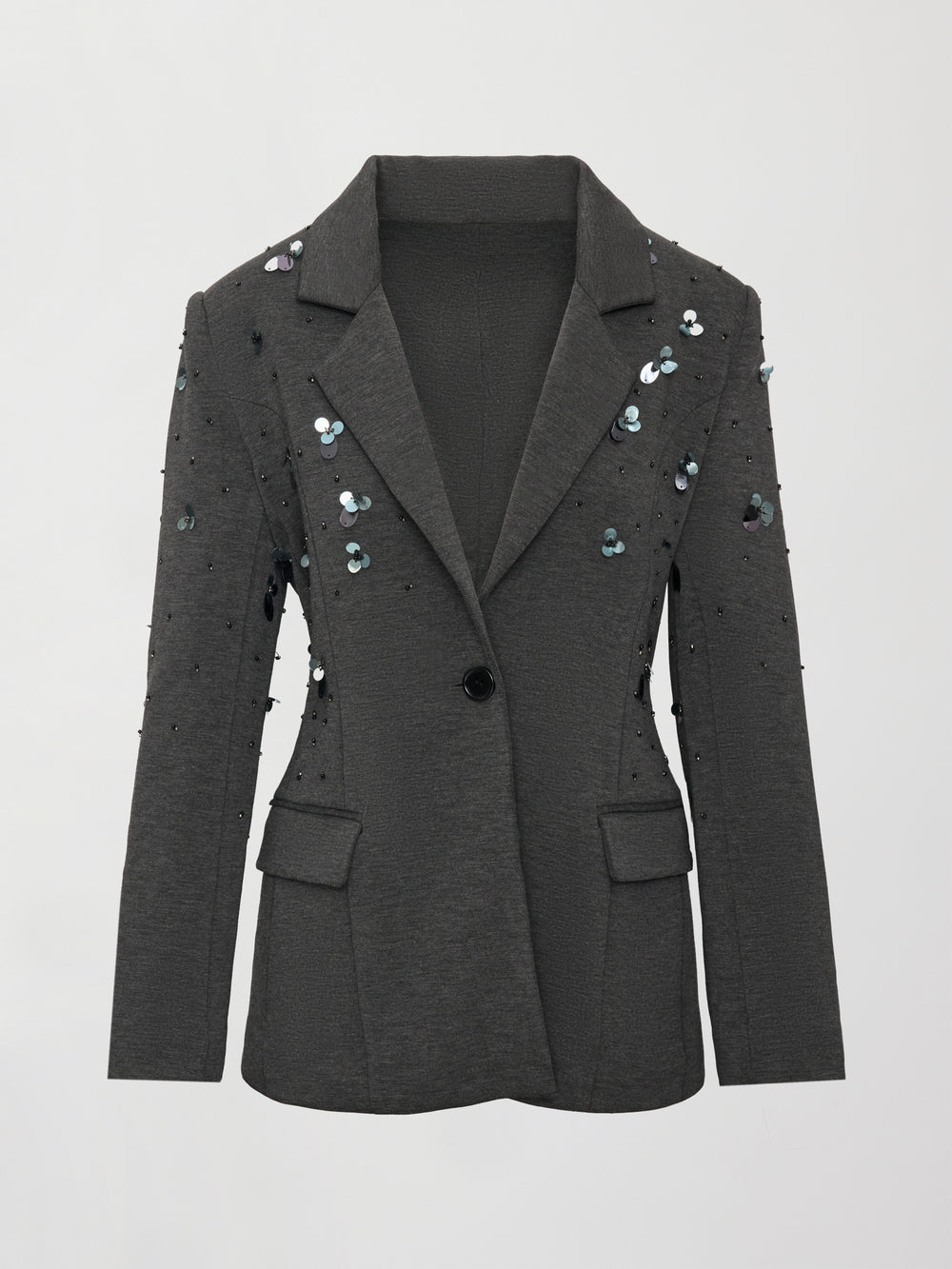 Flat lay of grey embellished blazer with sequins and front button closure.