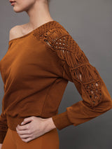 Macrame Shoulder Sweatshirt - Caramel Cafe