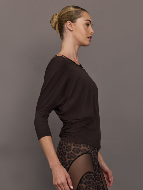 Side view of Long Sleeve Off Shoulder Tee Chocolate Torte showing relaxed drape.