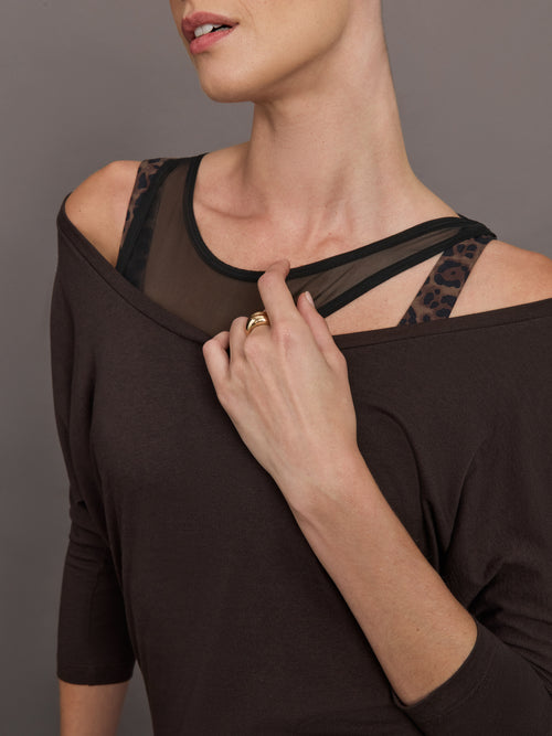 Close-up of neckline and strap detail on Long Sleeve Off Shoulder Tee Chocolate Torte.