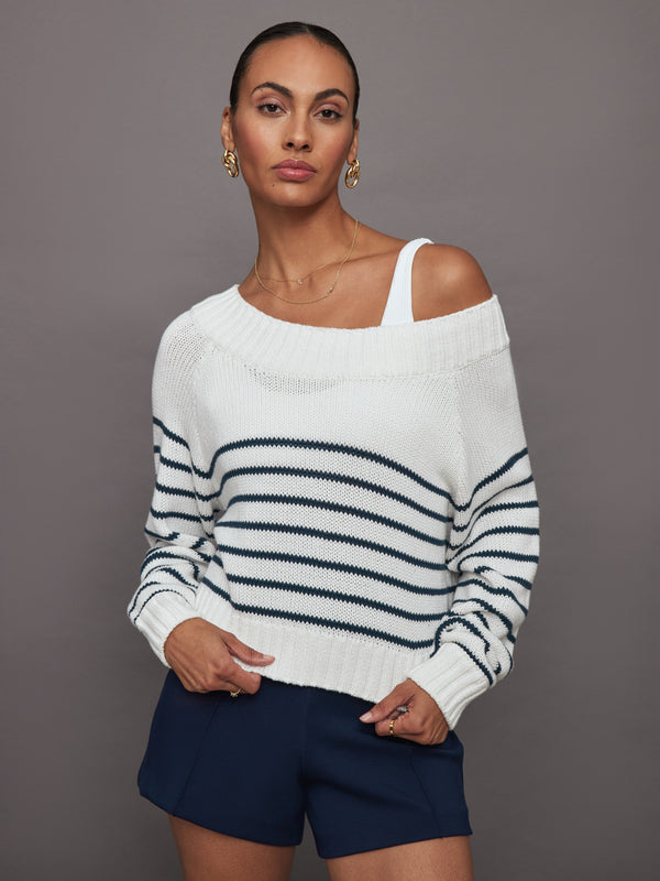 Slouchy Knit Sweater - Off White / Navy Stripe