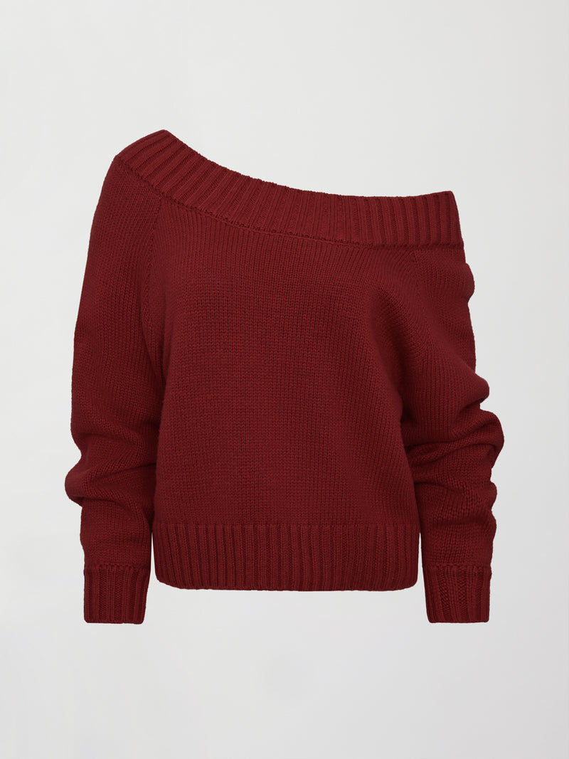 Wool Blend Slouchy Knit Sweater - Red Dahlia