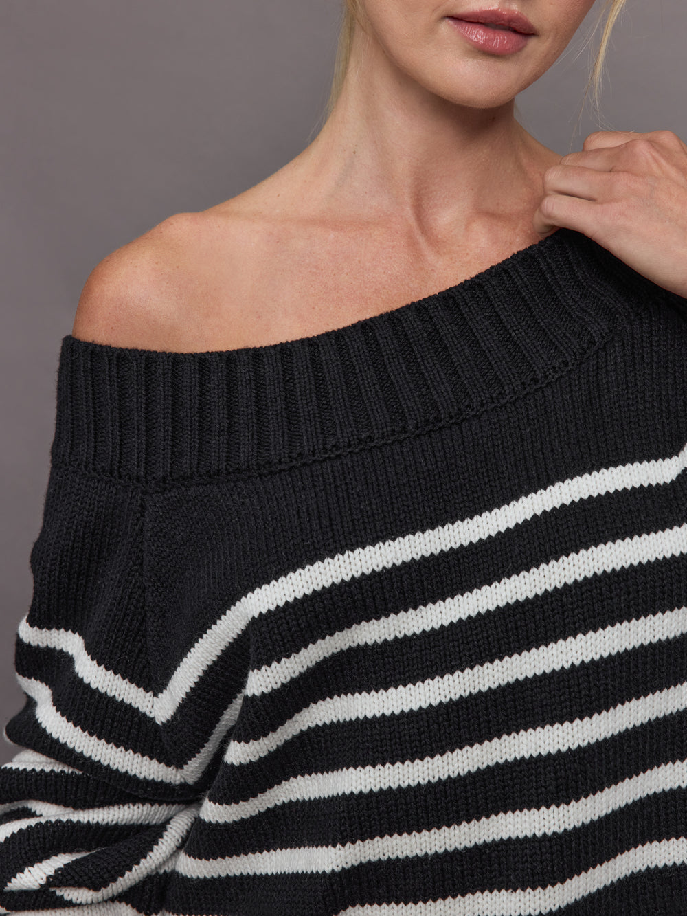 Wool Blend Slouchy Knit Sweater - Black / White Stripe