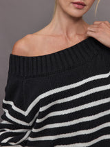 Wool Blend Slouchy Knit Sweater - Black / White Stripe