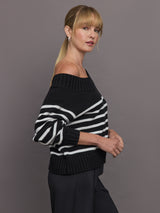 Wool Blend Slouchy Knit Sweater - Black / White Stripe