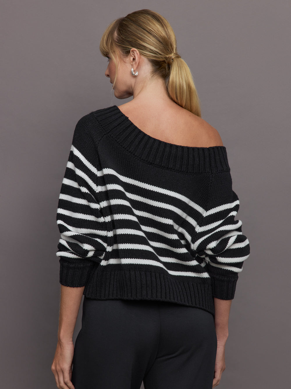 Wool Blend Slouchy Knit Sweater - Black / White Stripe