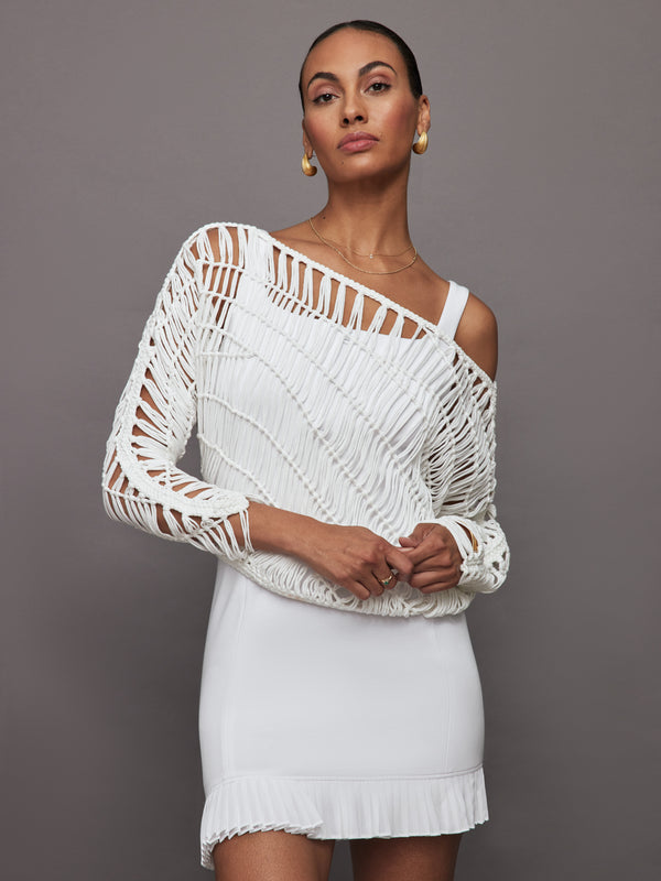 Crochet Off Shoulder Sweater - White