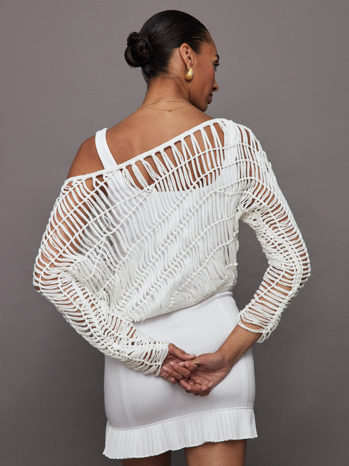 Crochet Off Shoulder Sweater - White