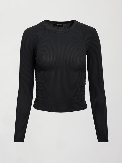 A ribbed jersey fitted long sleeved black top with ruching down both sides. 