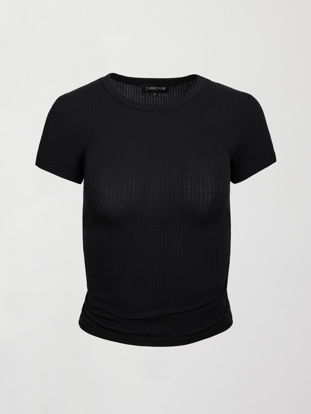 A short sleeved, ribbed jersey fitted black top with ruching down both sides. 