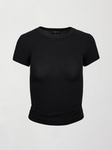 A short sleeved, ribbed jersey fitted black top with ruching down both sides. 