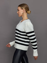 Striped Puff Sleeve Sweater - Cream/ Black