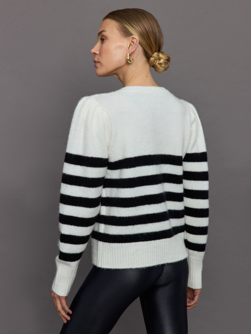 Striped Puff Sleeve Sweater - Cream/ Black