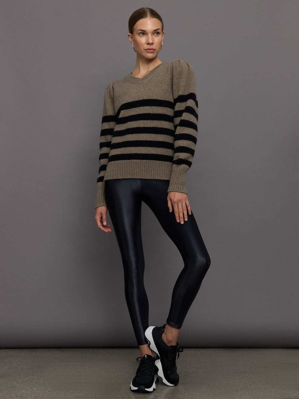 Striped Puff Sleeve Sweater - Stone/ Black