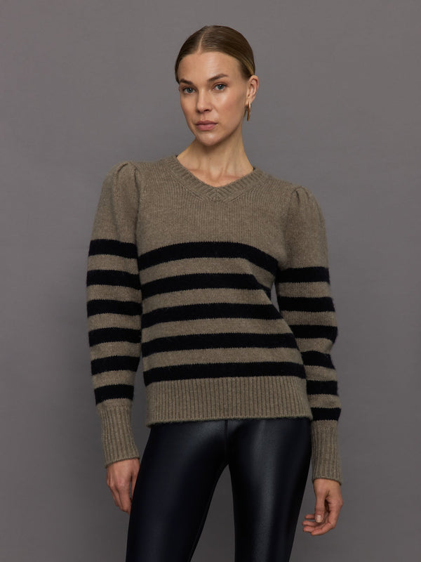 Striped Puff Sleeve Sweater - Stone/ Black