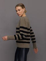 Striped Puff Sleeve Sweater - Stone/ Black