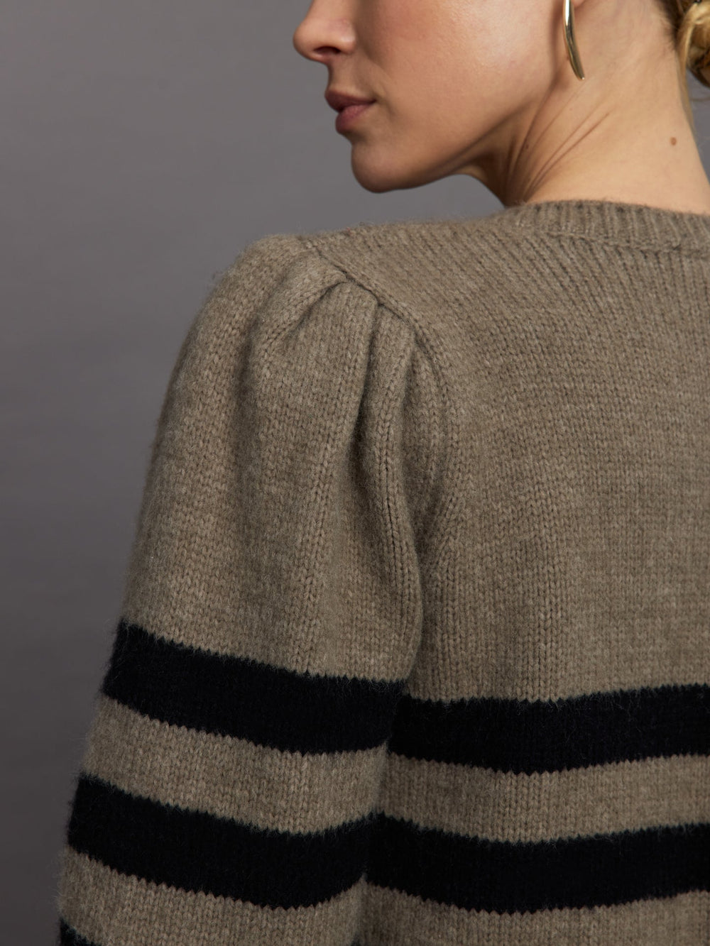 Striped Puff Sleeve Sweater - Stone/ Black