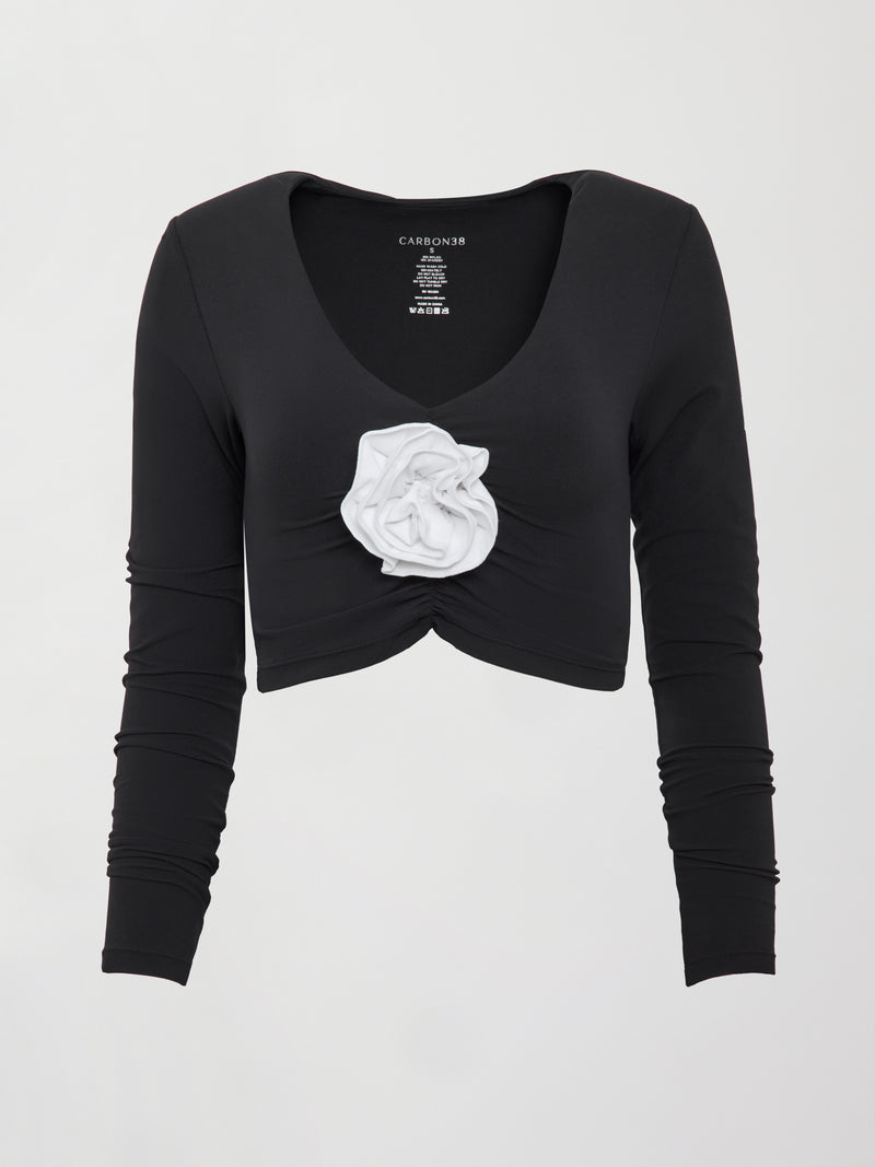 Rosette Long Sleeve Top in Melt - Black w/ White Rosette