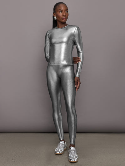 Liquid Metallic Long Sleeve Top - Metallic Silver