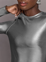 Liquid Metallic Long Sleeve Top - Metallic Silver