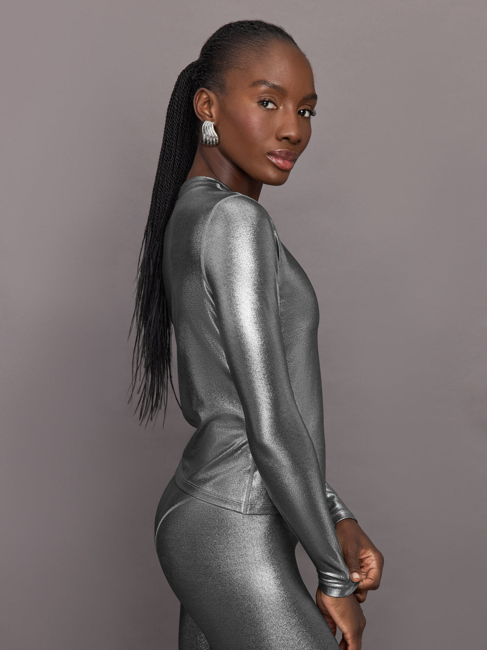 Liquid Metallic Long Sleeve Top - Silver