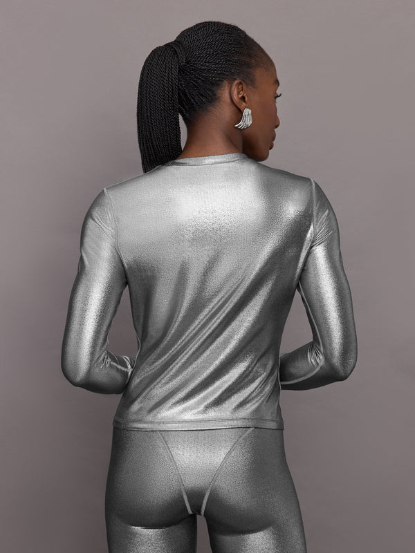 Liquid Metallic Long Sleeve Top - Silver