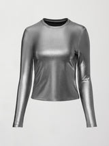 Liquid Metallic Long Sleeve Top - Metallic Silver