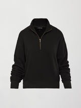 Half Zip Fleece Top in black with stand collar and front half-zip closure, product shot on white background, front view.