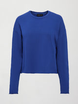 Flat lay of French terry crew neck sweatshirt in cobalt.