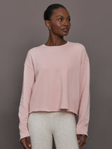 Women’s French Terry crew neck sweatshirt in lotus, front view on model.