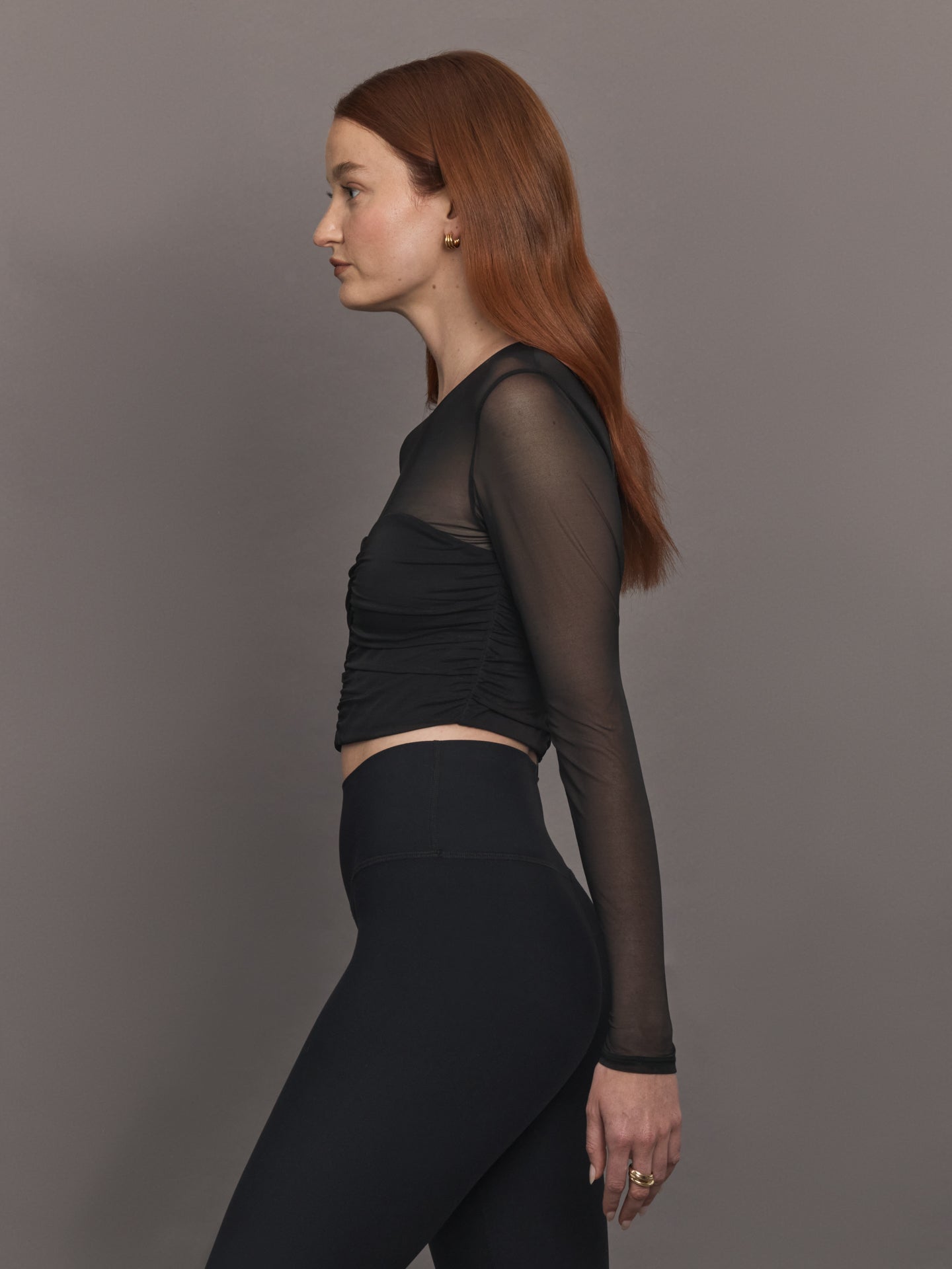N♡　meltthelady \"llic tops\" black Ruched Mesh Long Sleeve Top in Melt - Black – Carbon38