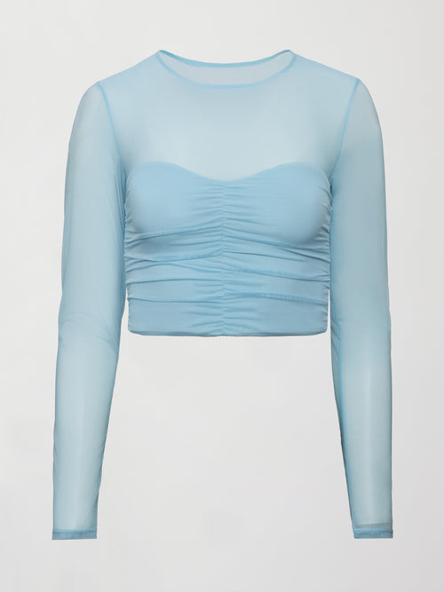 A long sleeve sky blue top with a ruched sweetheart chest and sheer long sleeves. 