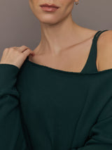Close up of the Off Shoulder Sweatshirt in Forest, neckline detail.
