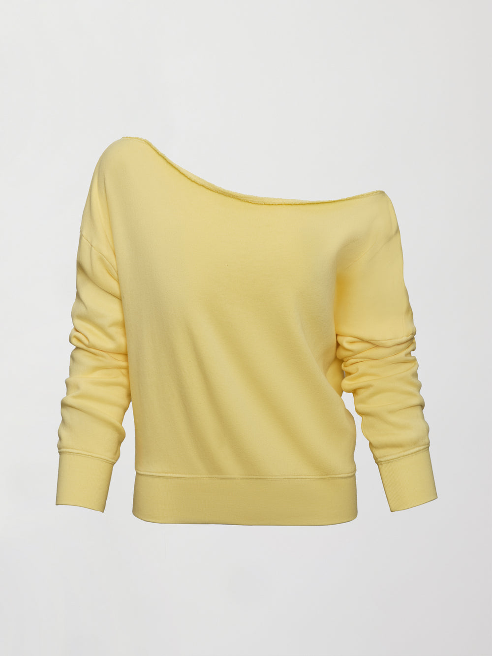 Flat lay of the French Terry Off-Shoulder Sweatshirt in Banana, front view.