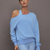 Model is wearing the Off Shoulder Sweatshirt in French Terry in Serenity shown from the front with off shoulder neckline.