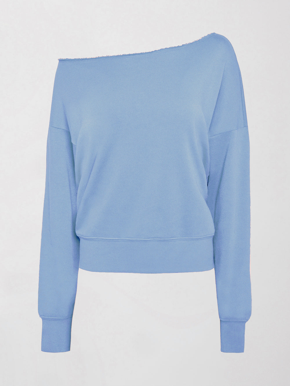 Flat lay of the Off Shoulder Sweatshirt in French Terry in Serenity showing full silhouette.