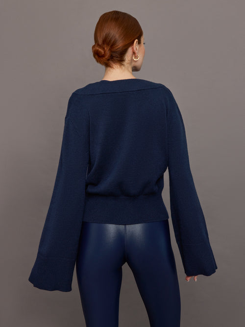 Bell Sleeve Off Shoulder Sweater - Navy