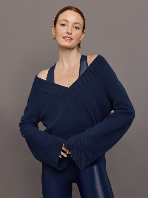 Bell Sleeve Off Shoulder Sweater - Navy