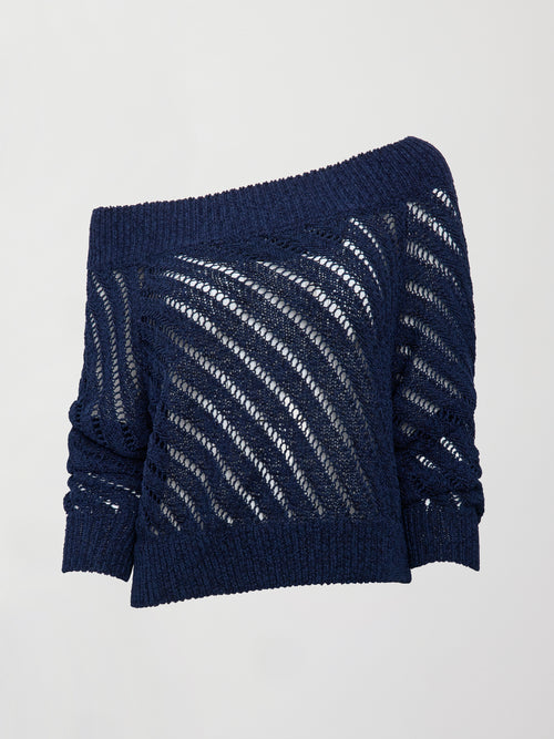A navy off shoulder mesh cardigan with diagonal pattern.  