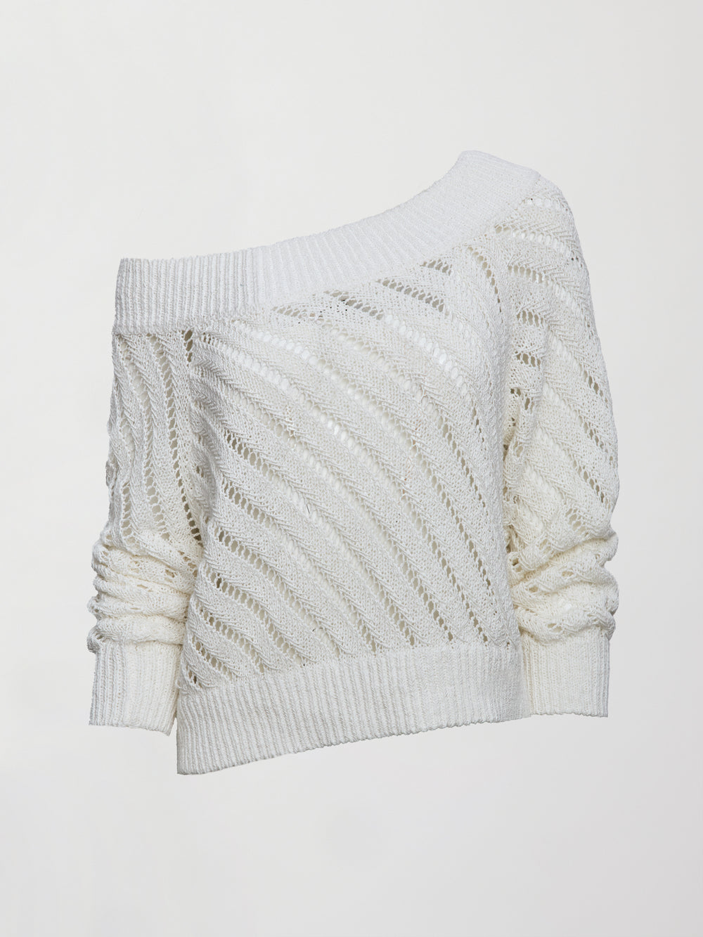 A white off shoulder mesh cardigan with diagonal pattern.  