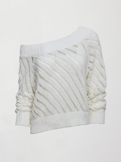 A white off shoulder mesh cardigan with diagonal pattern.  