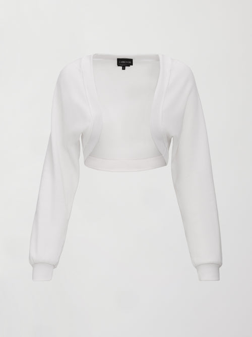 White long-sleeve shrug on a light gray background