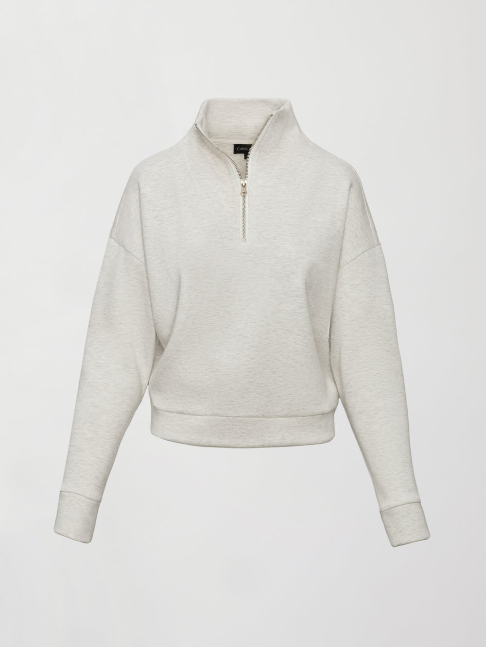 Flat lay of Interlock half zip pullover in Moonbeam Heather, front view.