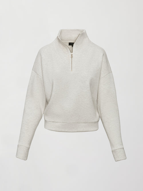 Flat lay of Interlock half zip pullover in Moonbeam Heather, front view.