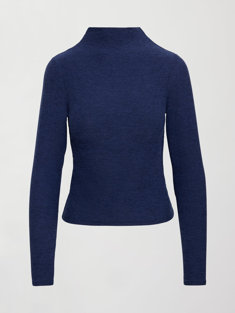 A long sleeve mock neck navy heather athletic wear top. 