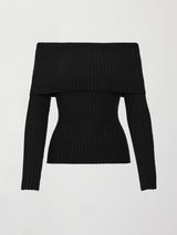 Model wearing a black off-shoulder sweater